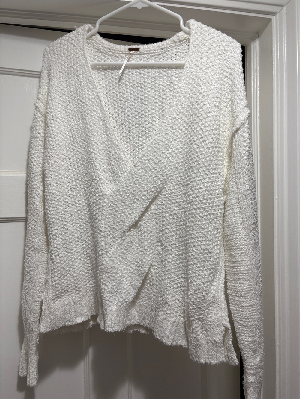 Free People Cream V-Neck Textured Knit Sweater